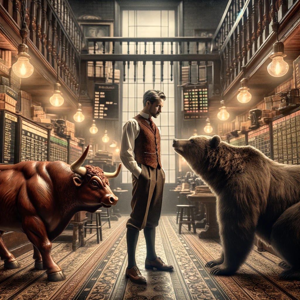 Adapt the vintage scene to show the trader, still in early 20th-century attire, directly facing off against both the bull and the bear, emphasizing a more dynamic interaction. The setting remains an old-fashioned trading floor, surrounded by wooden shelves filled with leather-bound books and classic ticker tape machines. The trader stands firmly on the ornate wooden floor, a look of determination on his face, as he confronts both the bull and the bear, which are now presented in a more lifelike and animated form, symbolizing the market's volatility. The confrontation takes place under the soft glow of oil lamps, casting dramatic shadows and highlighting the intensity of the moment. This scene captures the trader's courage and readiness to face the challenges of the market, embodying the spirit of perseverance and strategy amidst the timeless battle of bullish and bearish forces.