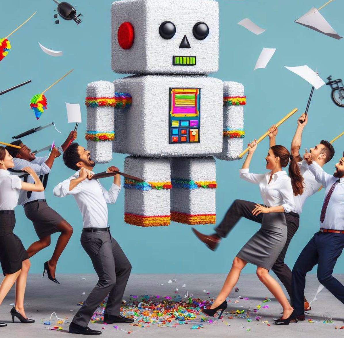 A piñata in the shape of a robot is being attacked by a group of office workers. 