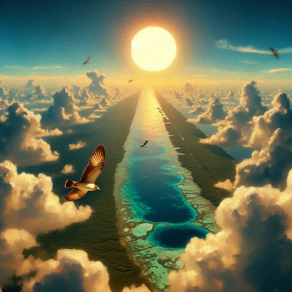 Chunky oil painting image; tilt shift looking down. vast distance.hyper realistic photo image of the Blue Hole (Belize), seen from above. bird flying across feild of vision closer to camera. There is a sun in the sky with the face of a god and it's made of copper and glass. The clouds are fluffy and white. 