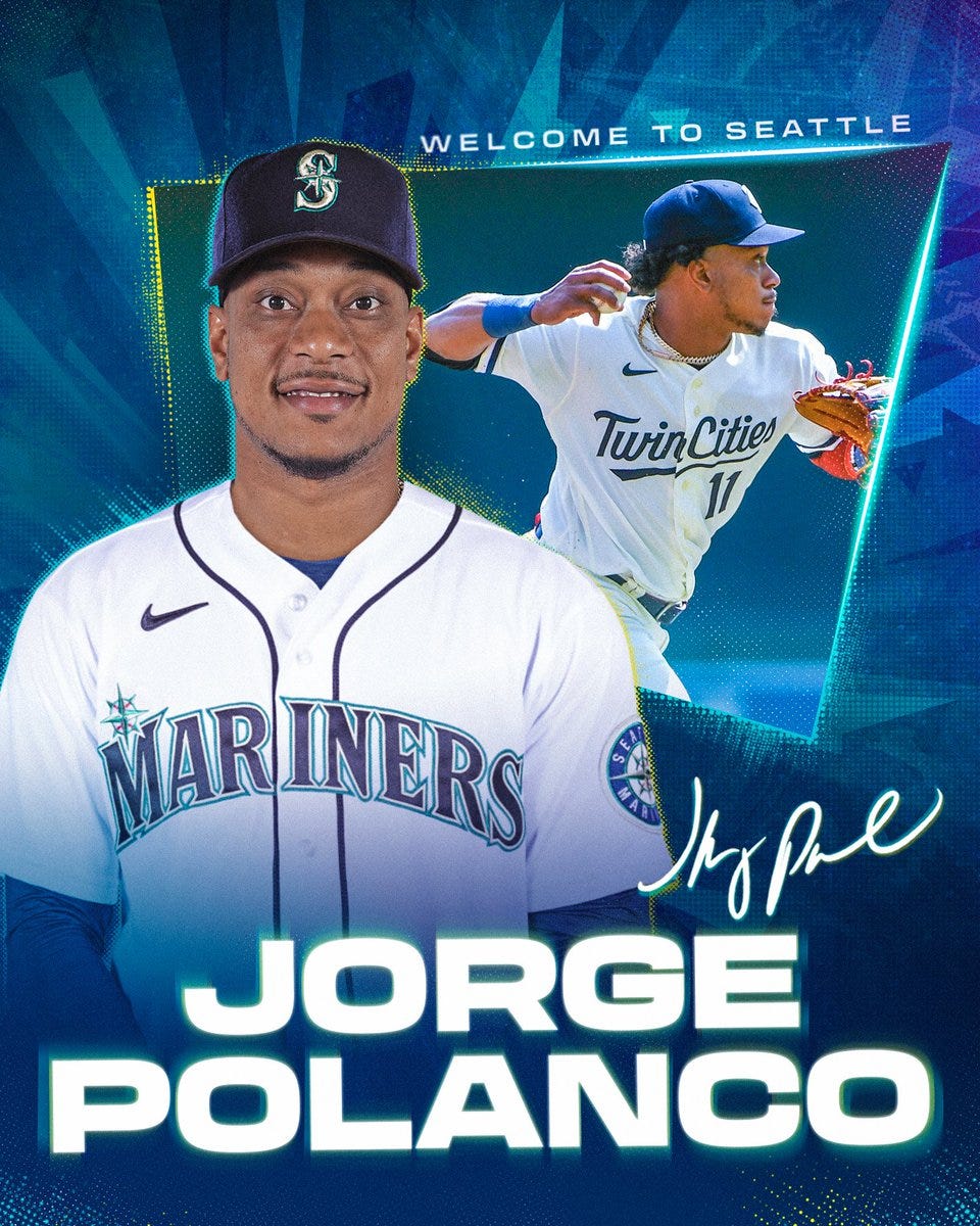 Graphic welcoming Jorge Polanco to the Mariners. There is a cutout of him in the foreground in a Mariners uniform and another of him in the background in his Twins uniform. 