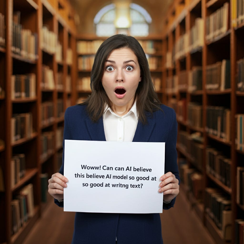 A woman with a shocked expression stands in the middle of a library. She's holding a sign that says "Wow! Can you believe this AI model is so good at writing text?” by Imagen