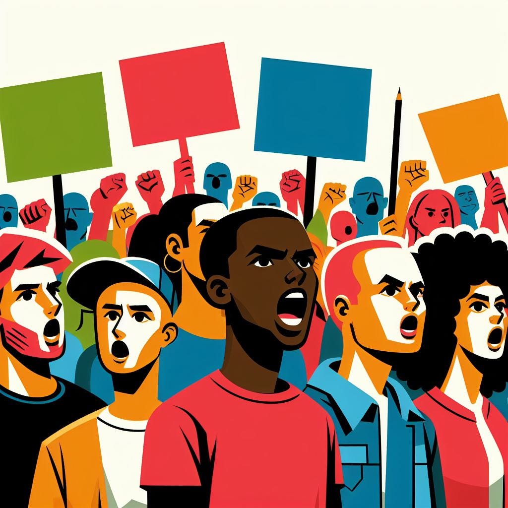 A graphic of people standing at a protest with blank placards