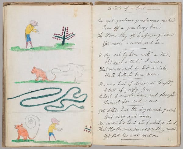 Pages from a “magazine” of poems, “Useful and Instructive Poetry,” that a 13-year-old Carroll wrote and illustrated for his younger siblings in 1845.