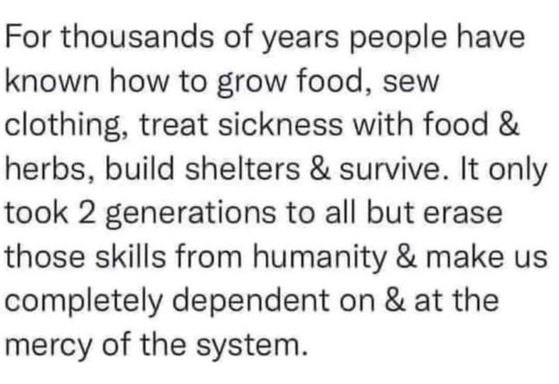 May be an image of text that says 'For thousands of years people have known how to grow food, sew clothing, treat sickness with food & herbs, build shelters & survive. It only took 2 generations to all but erase those skills from humanity & make us completely dependent on & at the mercy of the system.'