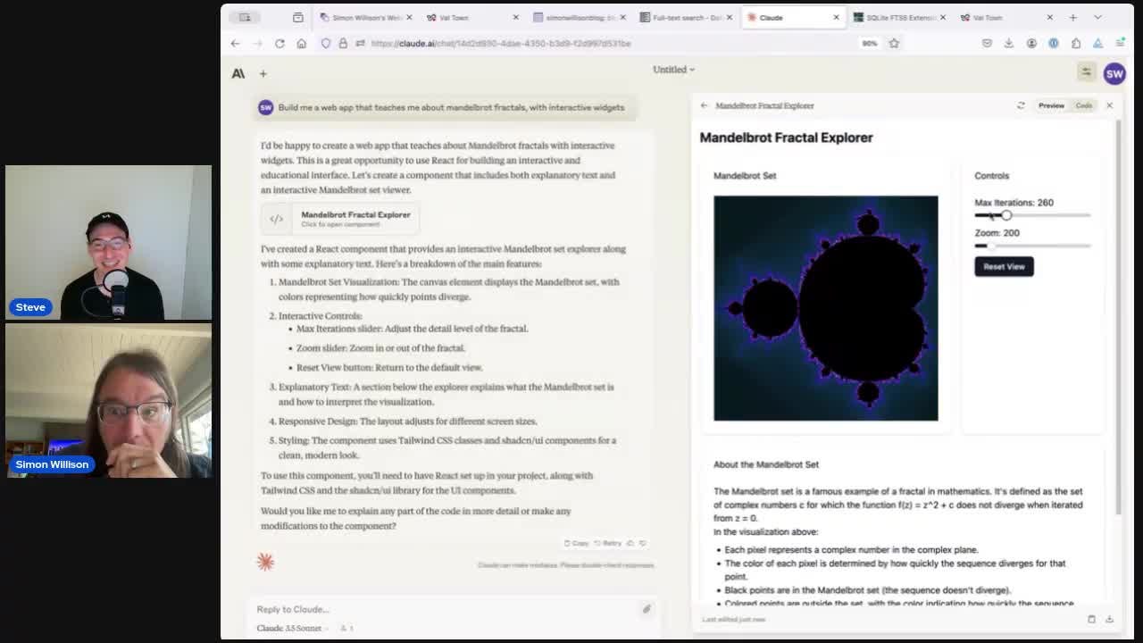 Screenshot of the Claude AI interface showing an interactive Mandelbrot fractal explorer and the prompts used to create it