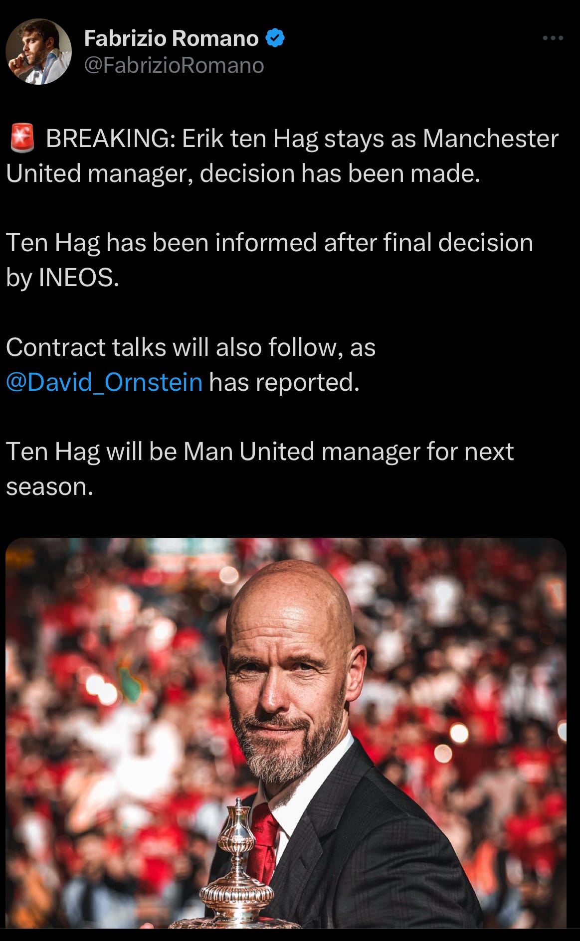 A tweet by Fabrizio Romano confirming Erik ten Hag will remain as Manchester United manager.