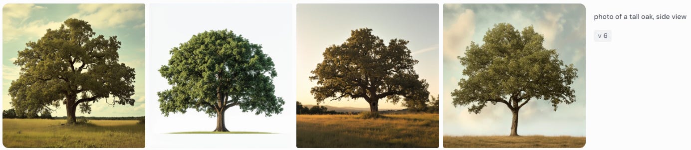 Midjourney 4-image grid for "“photo of a tall oak, side view”