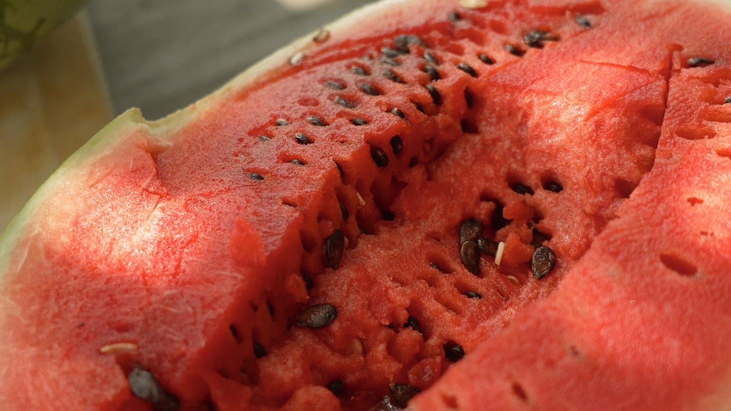 The meat of a Red-N-Sweet watermelon.