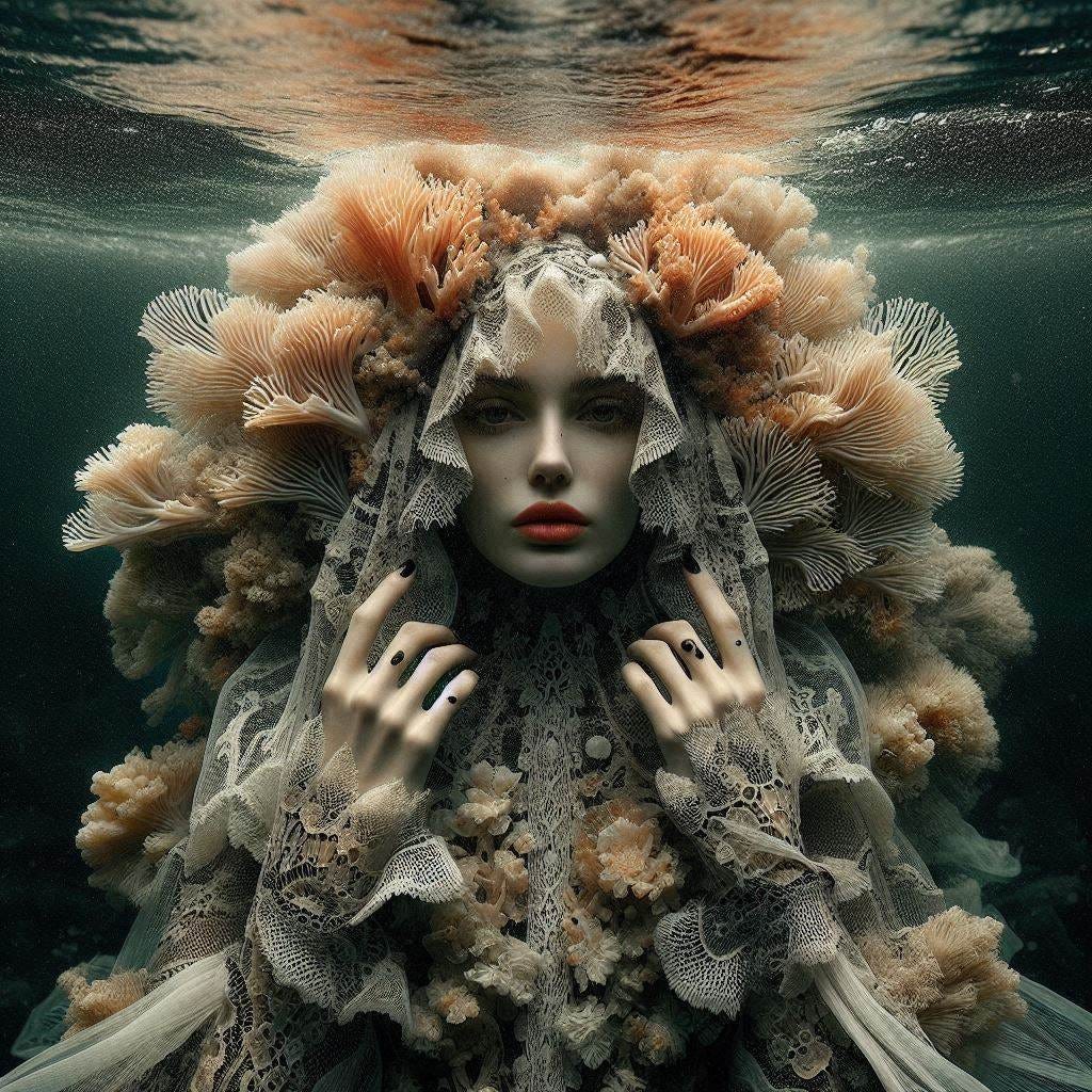 inside clear water ; tiltshift/ 5d angle glass embedded Carla caves / Broken into fragments/ pieces Swajili woman in traditional garb with lace mycelium/ her house is a large coral plant underwater / olive,ivory, chartrues, lace made of black water in resin/ love. coral orange, pink, cream, olive address/ reverberating waves/ water in resin verdigris/ In the style of Michael Parkes. black etching/ black linework/ 