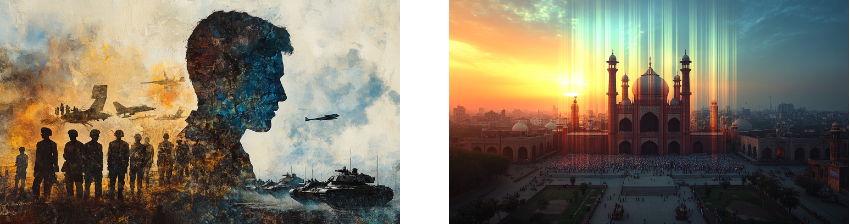 A contrasting pair of images: on the left, a silhouette of a soldier filled with scenes of war, including tanks, planes, and troops, symbolizing the personal burden of conflict; on the right, a grand mosque at sunset with beams of light ascending into the sky, surrounded by worshippers, creating a peaceful and spiritual atmosphere.