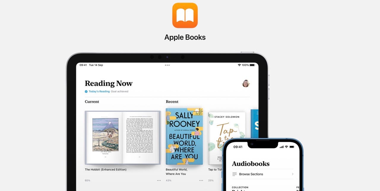 Screenshot of the Apple Books UK website, the Apple Books app logo can be seen. Underneath is an iPad in landscape showing the App, Reading now and an open book can be seen. an iPhone is to the right showing the audiobooks section of the app.