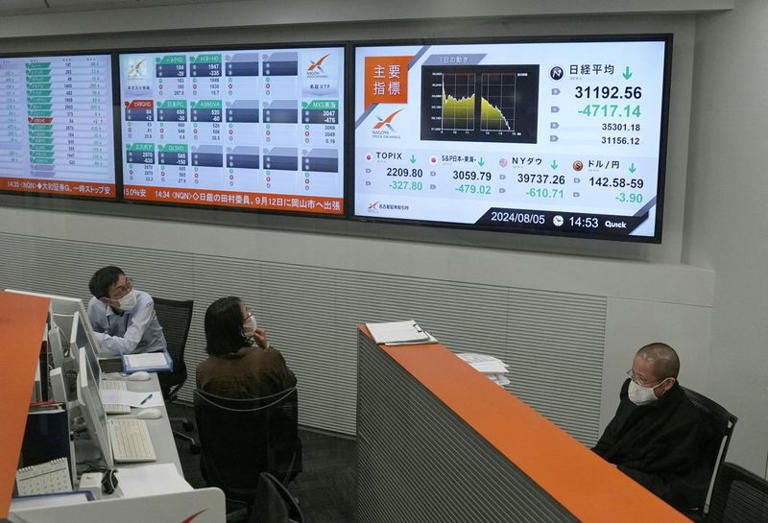 Employees look on the monitors displaying Japan's Nikkei share average, which has had a record breaking-drop in the closing price, at Nagoya Stock Exchange in Nagoya, Japan, August 5, 2024, in this photo taken by Kyodo. Mandatory credit Kyodo/via REUTERS