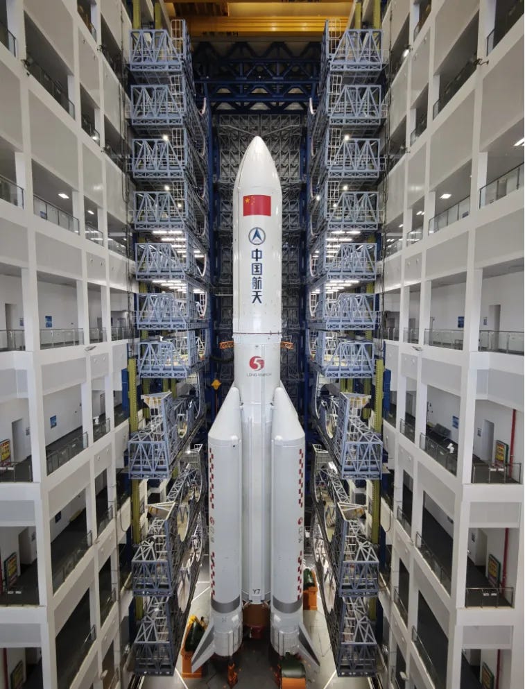 The Long March 5B Y7 vehicle inside the vehicle assembly building before its rollout to the launch pad. The Long March 5B Y7 vehicle inside the vehicle assembly building before its rollout to the launch pad.