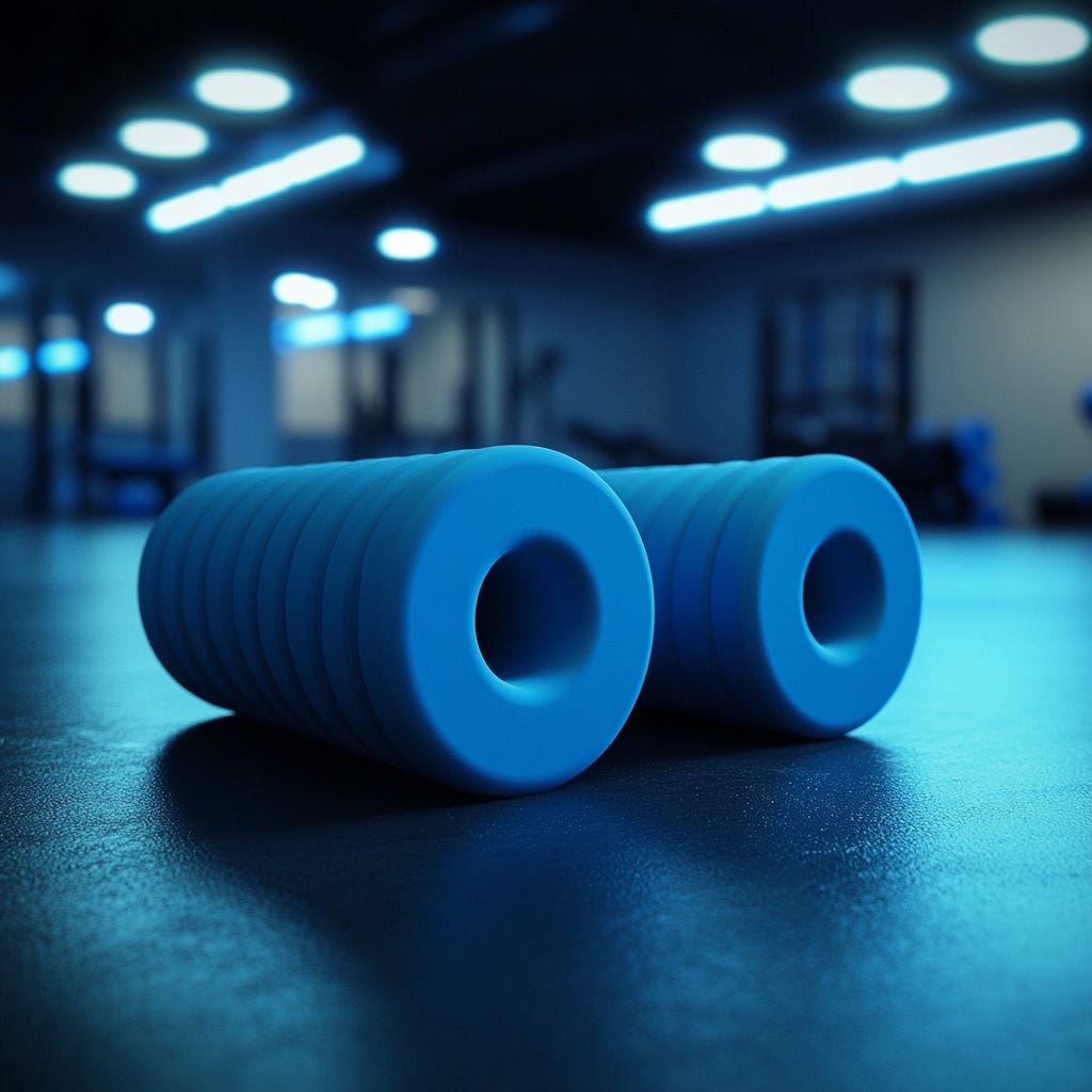 Fat Grip attachments on a dark gym floor with light blue fluorescent lighting.