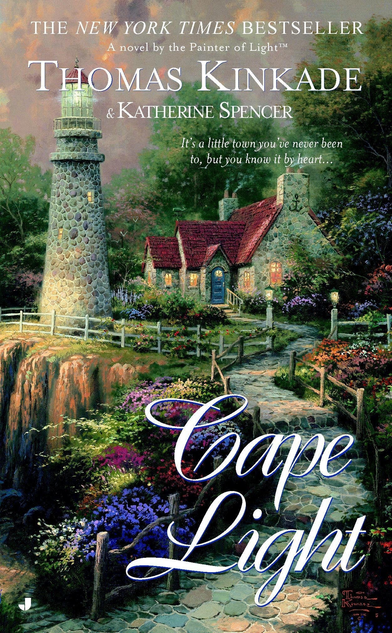 Painting on the book cover shows a small stone house beside a lighthouse in the midst of trees and flowers