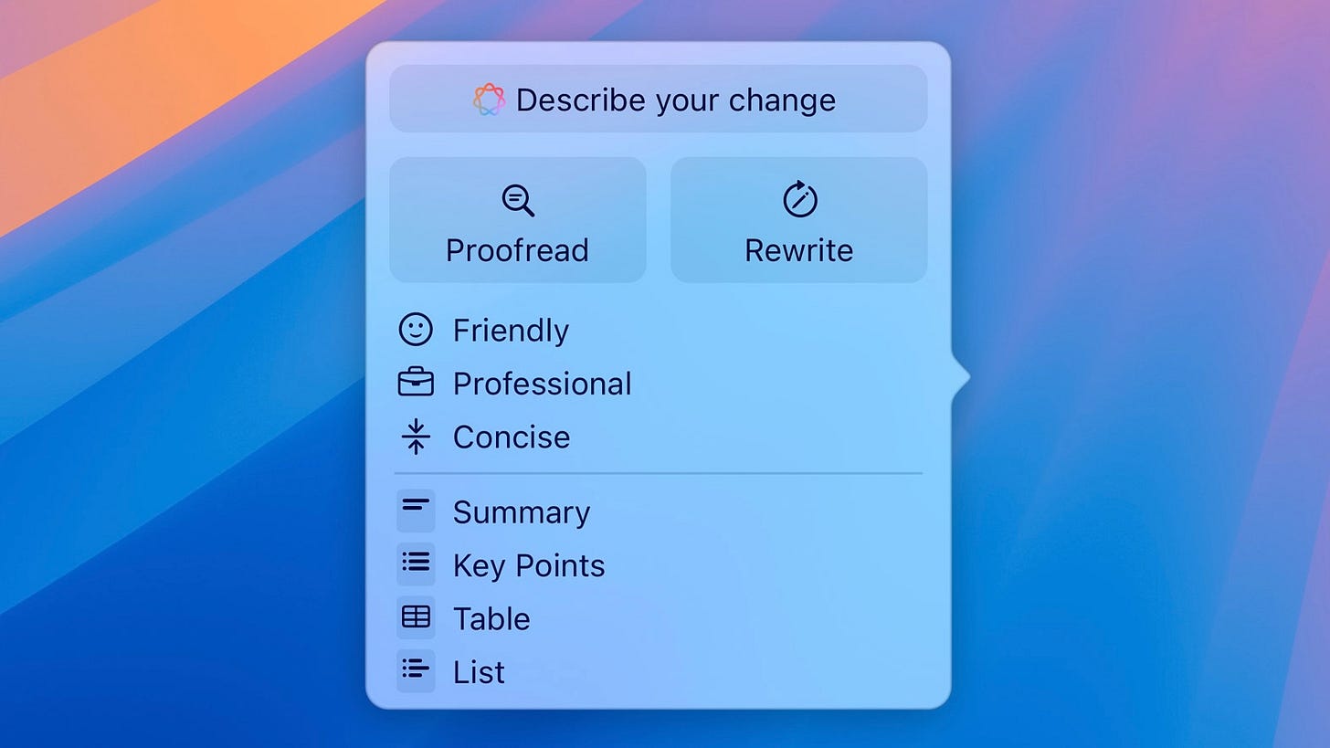 Screengrab of Apple’s AI writing tools