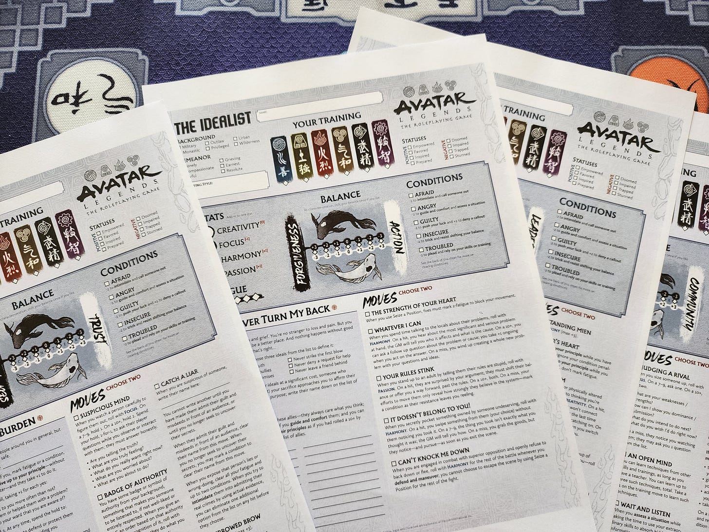A spread of four character sheets from the Avatar Legends Tabletop Role Playing Game