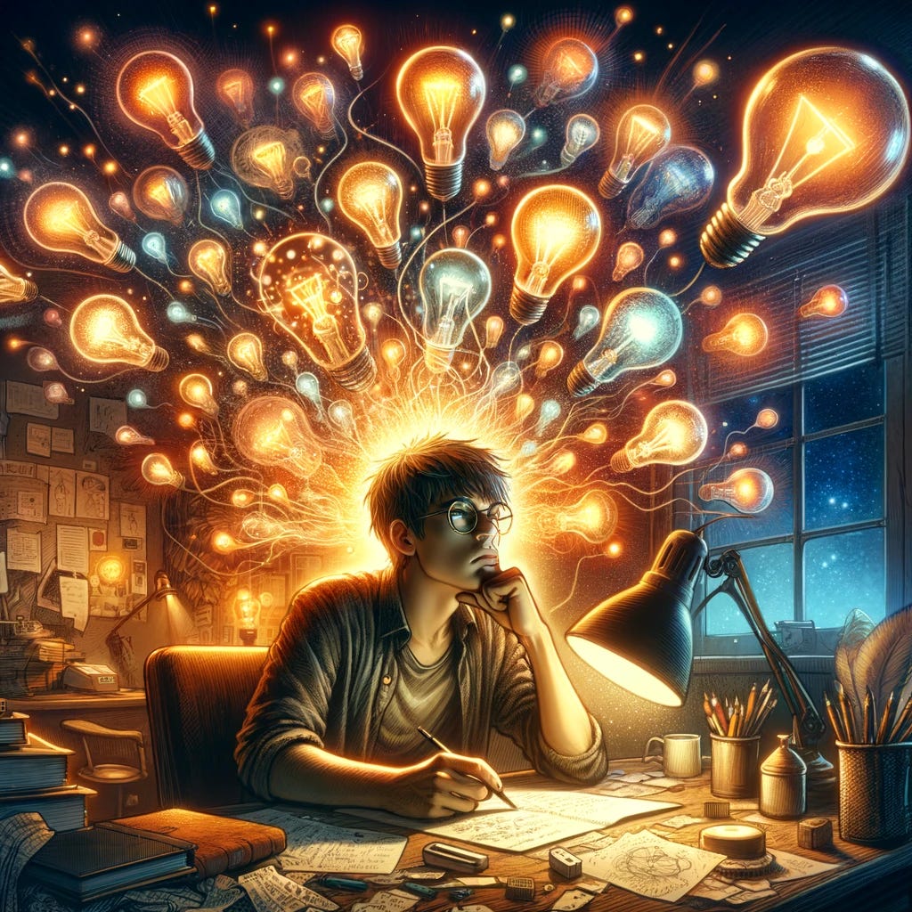 A digital illustration of a person sitting at a cluttered desk, deeply engrossed in thought. This individual's expression is one of intense concentration and creativity, with eyes slightly unfocused as if visualizing concepts beyond the immediate surroundings. Above their head, a vibrant array of light bulbs, each glowing brightly, symbolizes the flurry of brilliant ideas being generated. Some bulbs are connected by arcs of electricity, indicating the connections being made between different thoughts. The background is a cozy, dimly lit room that suggests a late-night brainstorming session. The desk is strewn with notes, sketches, and books, further emphasizing the creative chaos from which these ideas are springing. Drawn with: emphasis on warm lighting to create a sense of inspiration and focus, using digital techniques to vividly depict the light bulbs as metaphors for ideas, and detailed textures to convey the environment's richness.