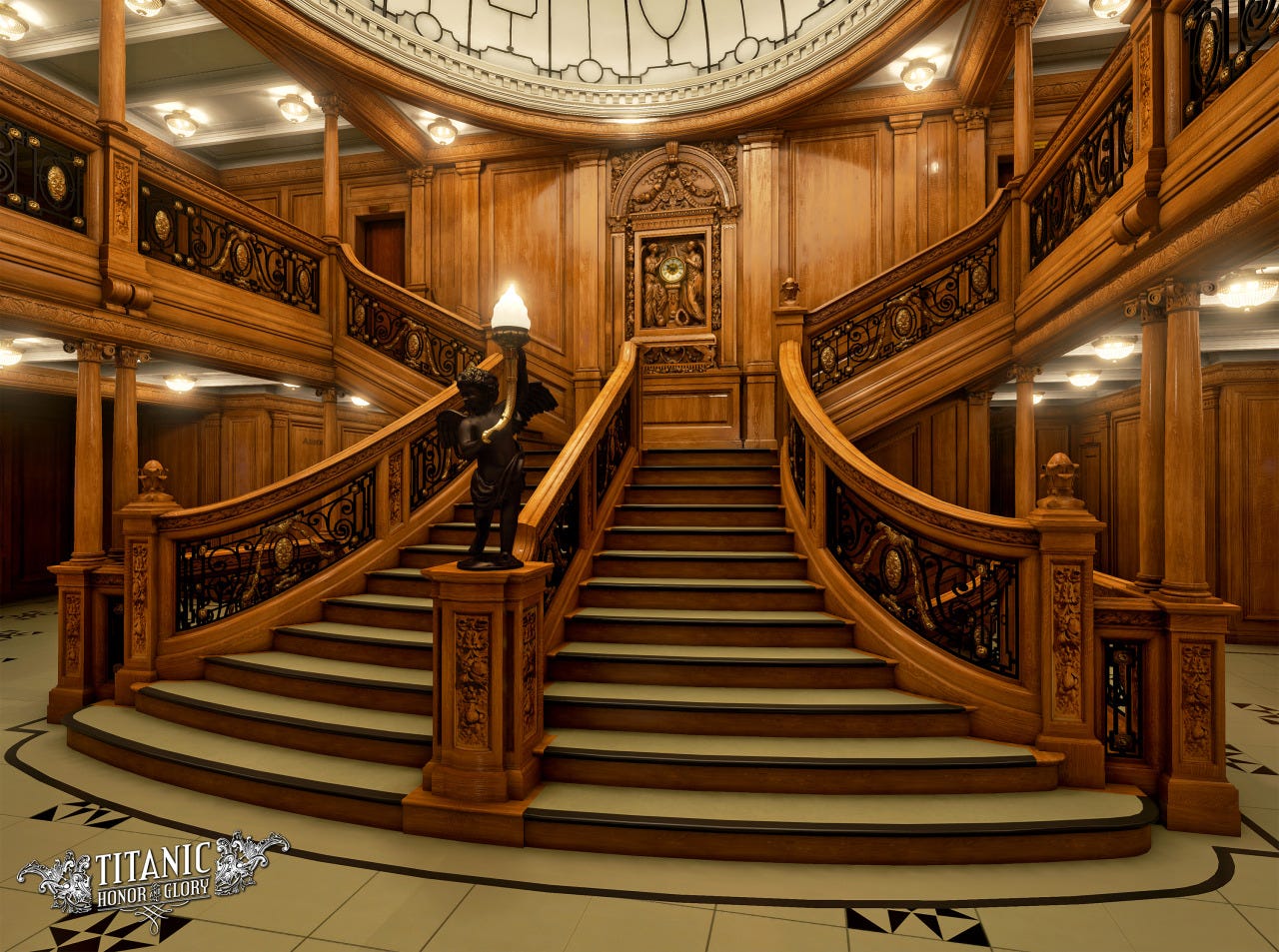 Digital recreation of Titanic grand staircase. built of solid irish oak, with each banister containing elaborate wrought iron grilles with ormolu swags in the Louis XIV style. The staircases were 20 ft. wide and projected 17 ft. from the bulkhead.