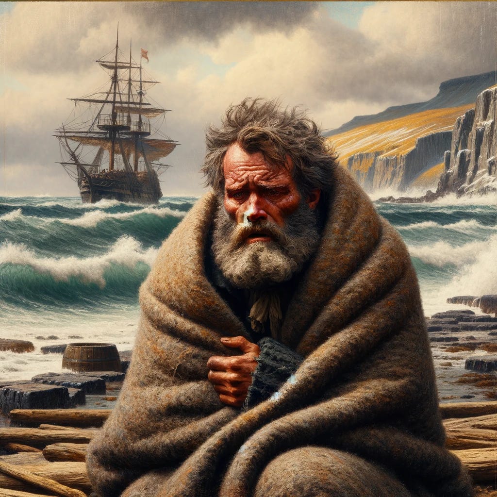 A scene depicting a sea captain from the 18th century, weathered by sea life, experiencing symptoms of rheumatism. He is sitting on a rugged coastline of a Pacific island, wrapped in a thick, woolen cloak to ward off the cold. His facial expression shows discomfort and weariness, with a heavy beard and deep lines on his face. The background shows a rough sea with waves crashing against the shore and a ship anchored in the distance. The sky is overcast, adding to the somber mood of the scene.