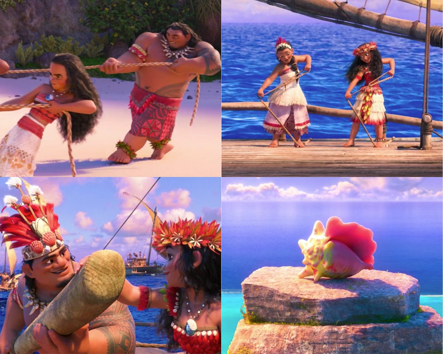 Images from the closing montage of Moana showing Sina and Chief Tui serving in her sailing crew. Moana. Disney. 2016.