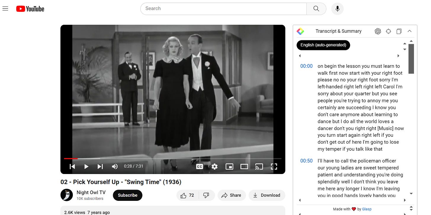 Full YouTube screen accompanied by Glasp transcript (time stamps are visible).