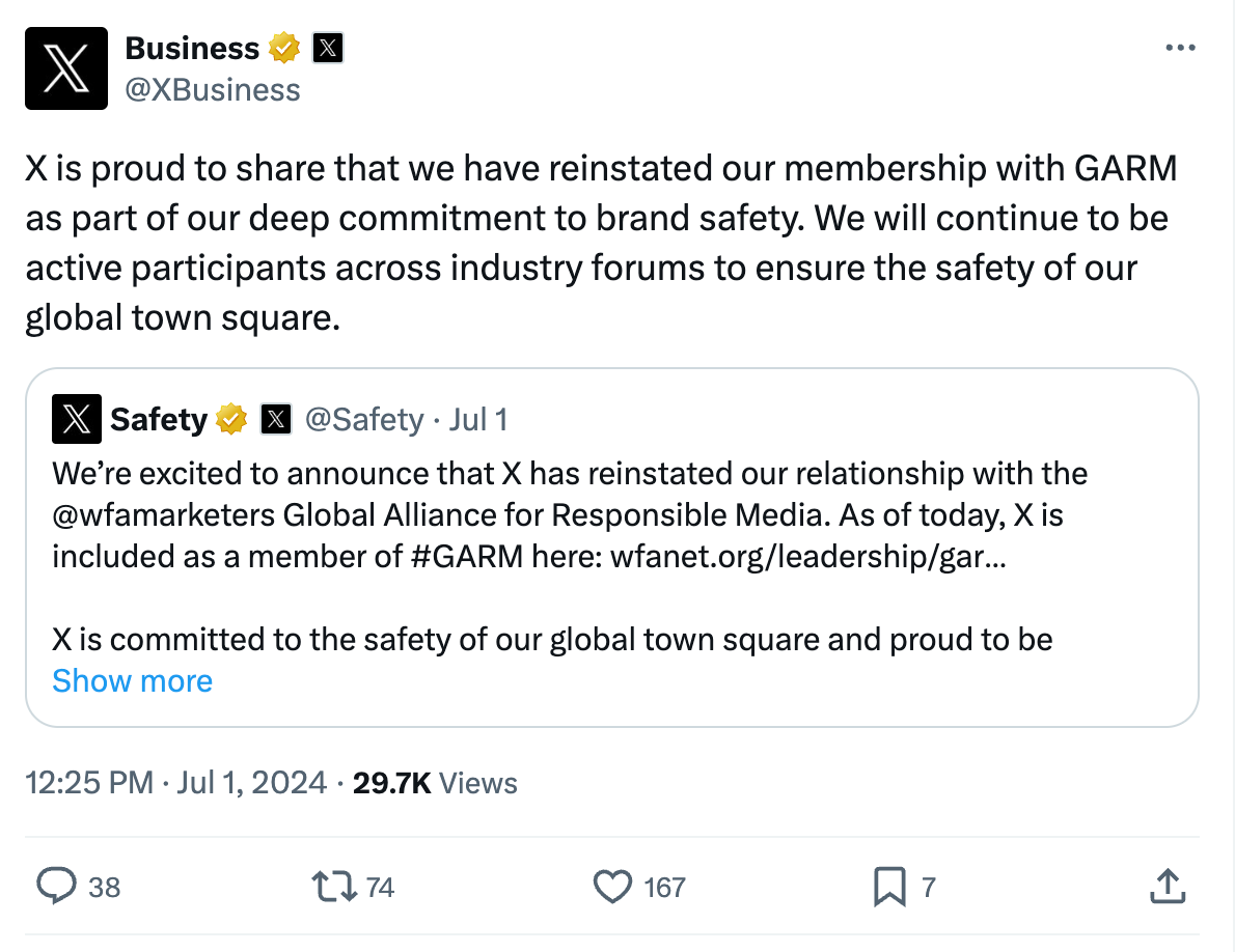 Tweet from Musk's company that says, "X is proud to share that we have reinstated our membership with GARM as part of our deep commitment to brand safety. We will continue to be active participants across industry forums to ensure the safety of our global town square."