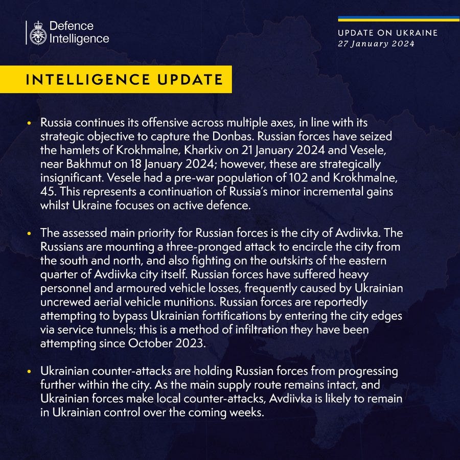 Latest Defence Intelligence update on the situation in Ukraine - 27 January 2024. Please read thread below for full image text.