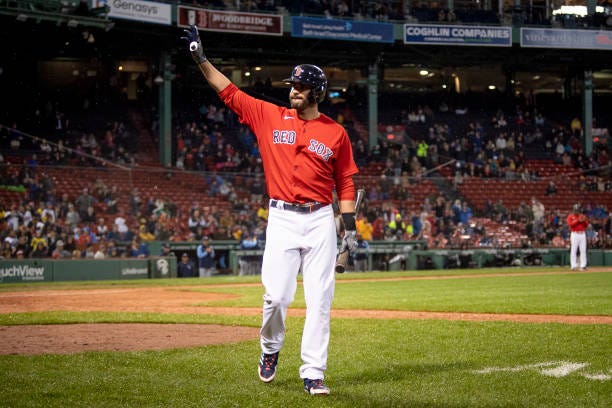 Martinez of the Boston Red Sox reacts as he exits the game during the ninth inning against the Tampa Bays Rays on October 5, 2022 at Fenway Park in...