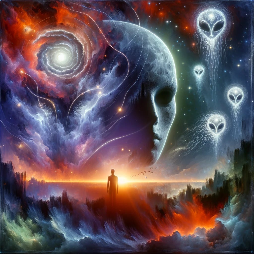 An abstract and artistic illustration depicting the concept of a midlife crisis amidst a planetary polycrisis, emphasizing the theme of extraterrestrial fears. The image is more abstract, with fewer faces and more symbolic representations. It features an ethereal landscape with a vague, humanoid silhouette in the foreground, representing a person in midlife. The background is a chaotic blend of cosmic and alien elements, including plasma-like extraterrestrial forms, abstractly implying a threat. These alien forms are less defined, appearing as ghostly, energy-based entities, subtly hinting at the harvesting of soul energy. The mood is mysterious and foreboding, capturing the essence of uncertainty and speculative fears, making it suitable for a thought-provoking blog post.