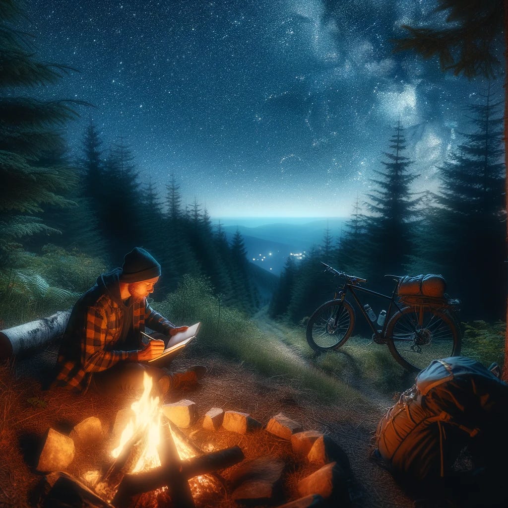 DALL·E 2024-01-23 13.13.27 - An image showing a bikepacker sitting peacefully by a campfire in a forest, under a starry night sky. They are journaling, reflecting on their day's j