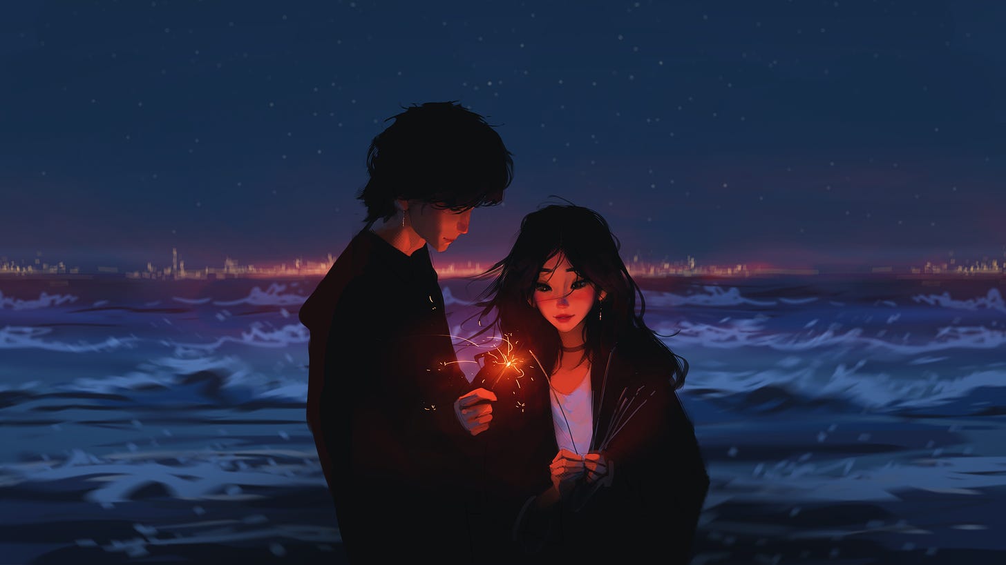 General 3840x2160 Sam Yang digital art illustration artwork painting couple women men sea waves night 4K long hair dark hair earring stars