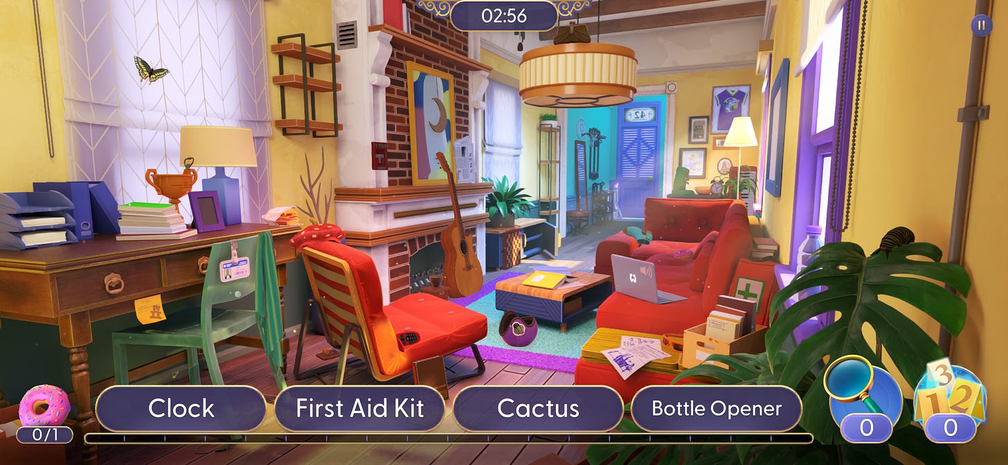 A cluttered apartment with four words at the bottom: Clock, First Aid Kit, Cactus, Bottle Opener