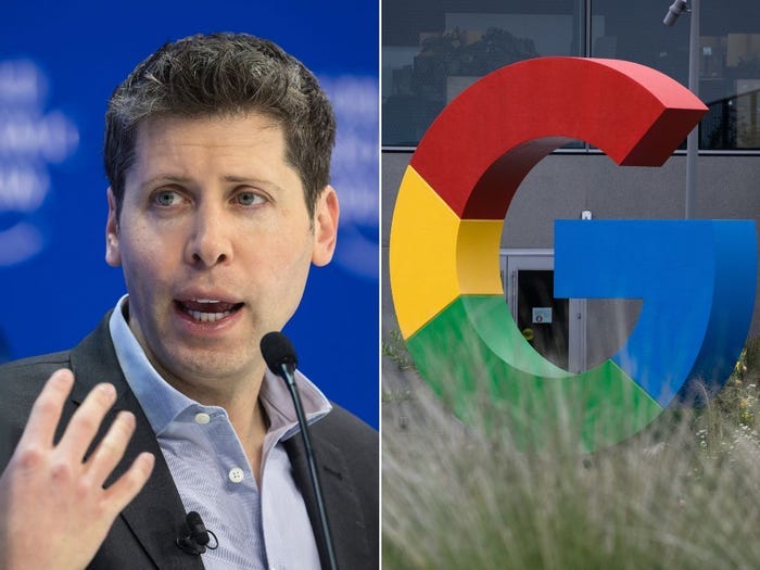 Sam Altman (left) and Google headquarters (right).