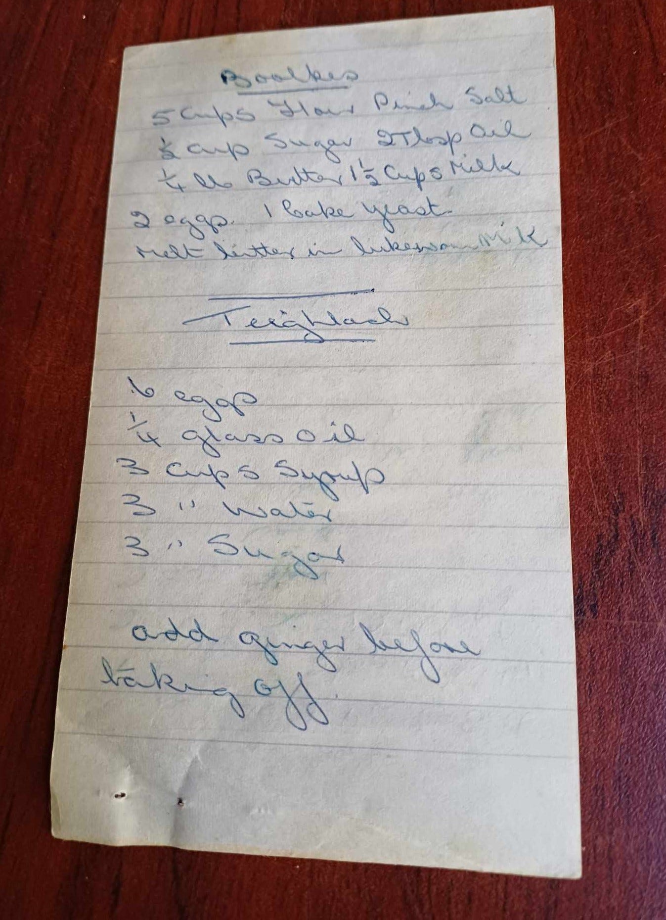 hand written recipe for Teiglach