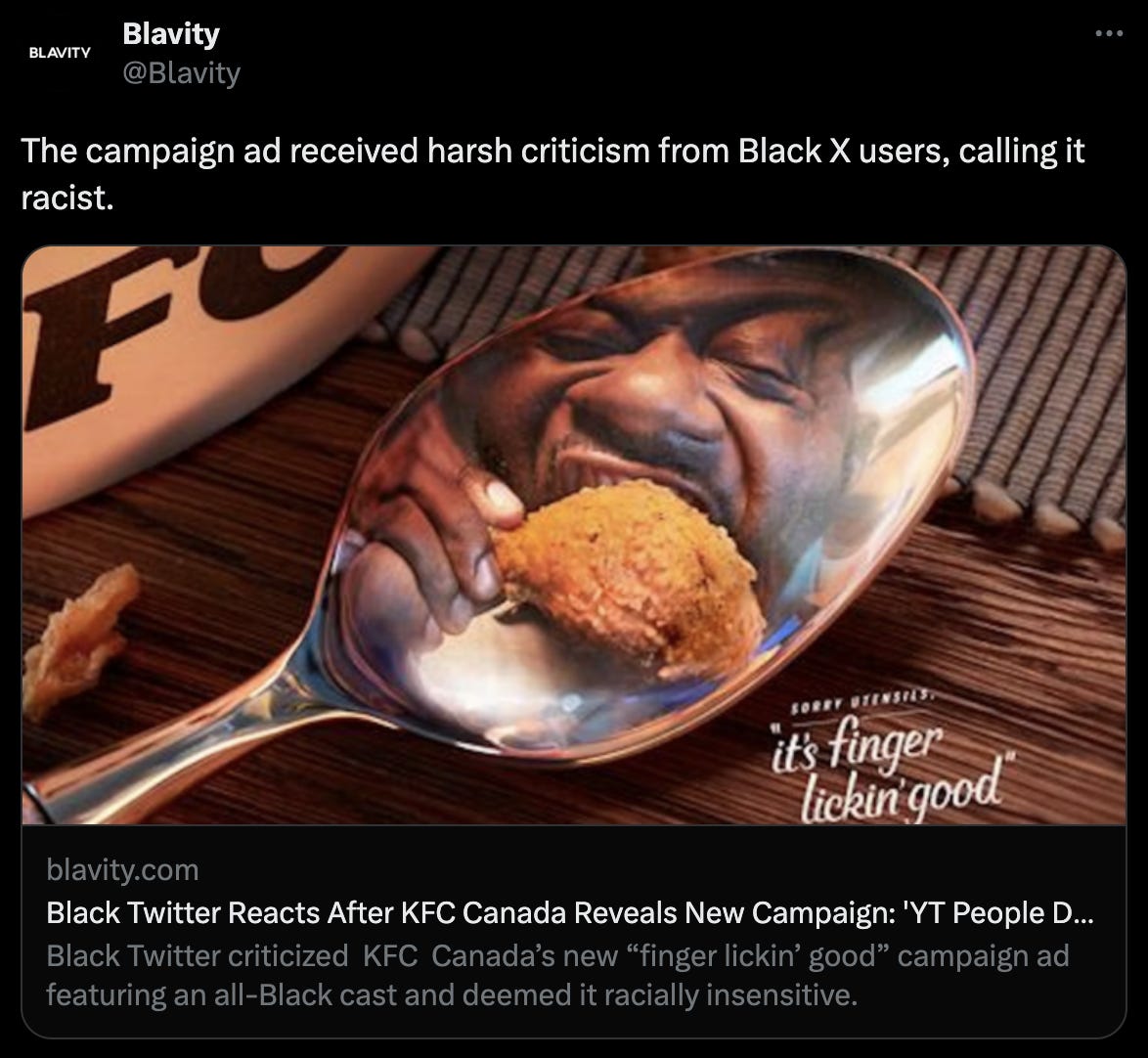 Screenshot of Blavity's Twitter account showing the offending KFC Canada's "finger lickin' good" marketing campaign