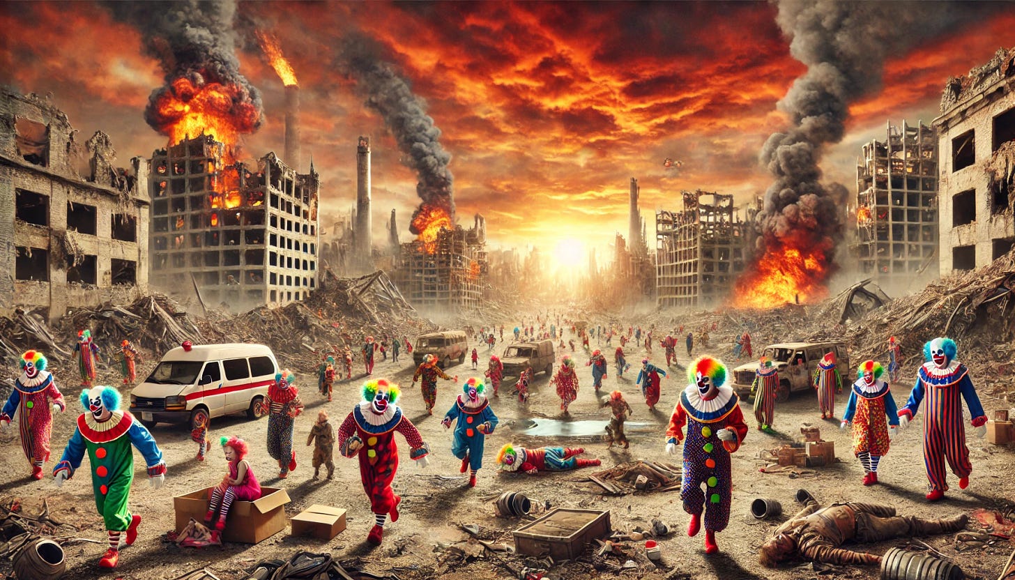 A photorealistic depiction of the end of the world on a distant planet. The landscape is desolate with crumbling buildings, fiery skies, and chaotic scenes of destruction. Inhabitants of the planet are all clowns, dressed in traditional clown outfits with colorful wigs, red noses, and face paint. They are seen running, some trying to salvage belongings, others standing in shock. The overall atmosphere is apocalyptic and surreal, blending the whimsical elements of clowns with the catastrophic end-of-the-world scenario.