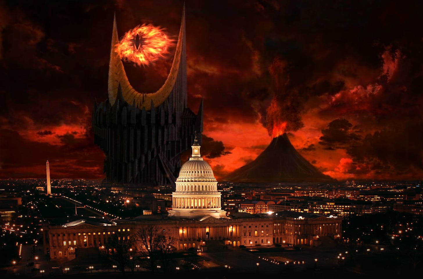 eye of sauron atop a tower in mordor on the potomac aka the district of corruption