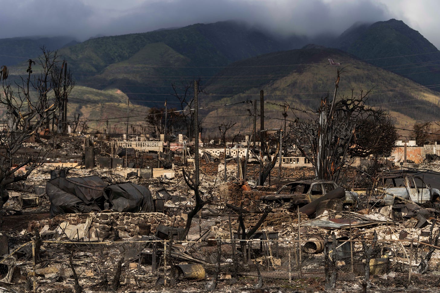 A general view shows the aftermath of a wildfire in Lahaina, Hawaii, Monday, Aug. 21, 2023.