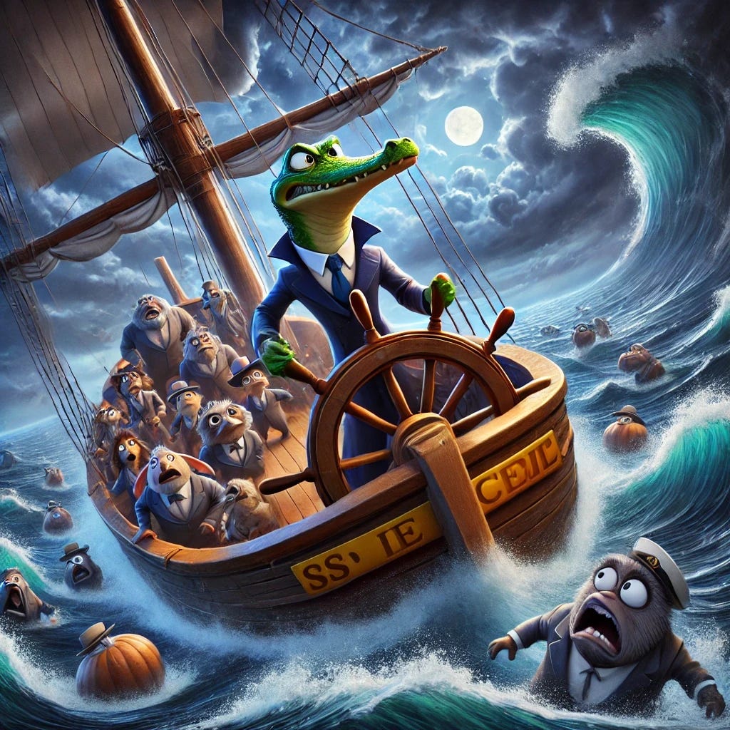 A heroic anthropomorphic gator (Croaky) steering a wooden ship prominently labeled 'SS Deference' through a stormy sea with dramatic waves and dark, swirling clouds in the background. The ship is filled with anthropomorphic animals in formal attire, looking confused and indecisive as they flounder amidst the chaos. Croaky stands firm at the helm, showcasing determination and leadership. The label 'SS Deference' is clearly visible on the ship's side. The scene is dynamic and Pixar-like, with a focus on action and emotion.