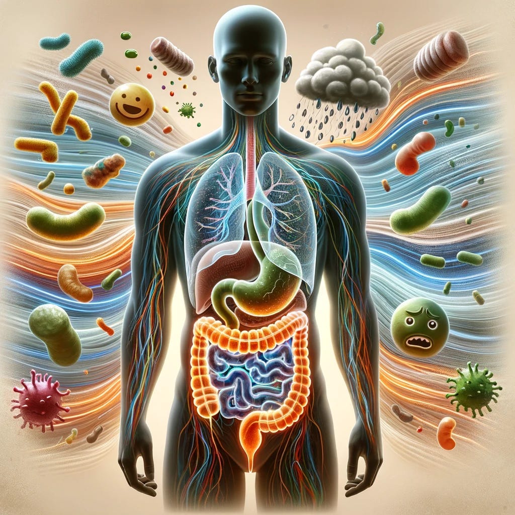 An illustration depicting the connection between gut bacteria and anxiety. The image features a human figure with a transparent section in the abdominal area, showing a vibrant and diverse community of gut bacteria. These bacteria are depicted in various shapes and colors, representing the complexity of the gut microbiome. From the gut area, there are lines or waves that extend upwards towards the head, where symbols of anxiety (like storm clouds, racing thoughts, or worried faces) are depicted, symbolizing the influence of gut bacteria on mental health. The background is soft and neutral, drawing focus to the interaction between the gut microbiome and the brain, highlighting the concept that gut health can impact emotional well-being and anxiety levels.