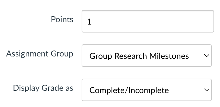 The assignment details, showing "1 point", an assignment group selection, and "Display grade as Complete/Incomplete"
