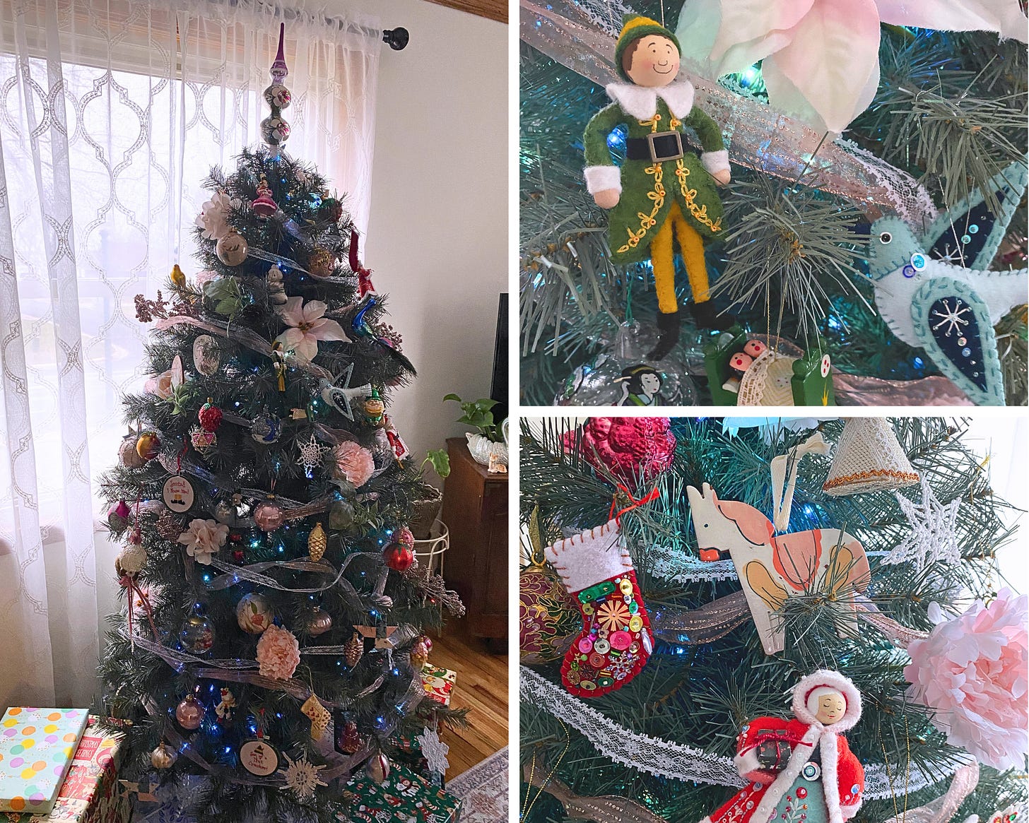 A photo collage of a christmas tree decorate in an assortment of eclectic ornaments and vintage objects.
