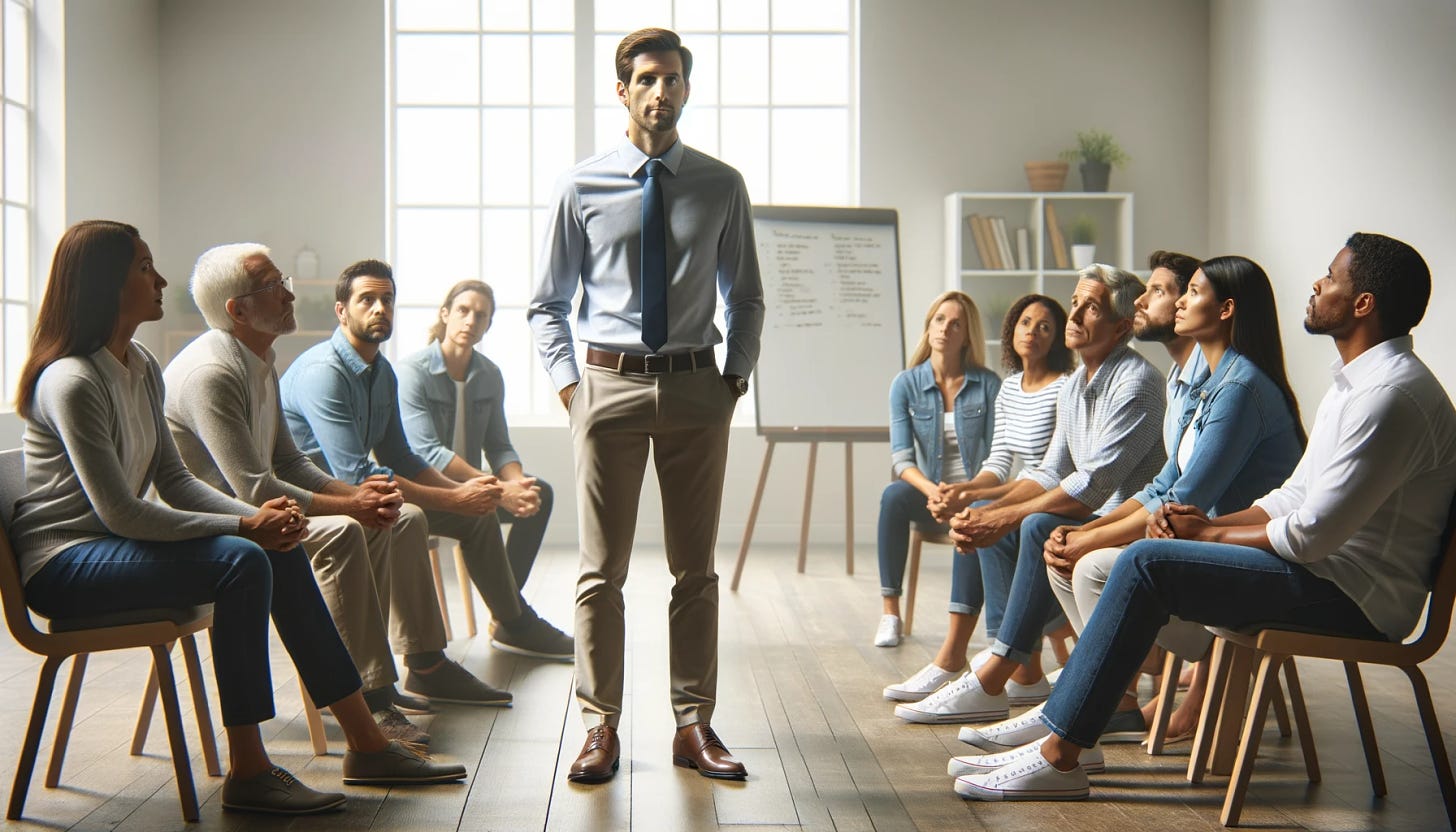 Widescreen photo-realistic image of a Caucasian male pastor in business casual attire, without a tie, standing and teaching a diverse group of lay leaders who are attentively listening. They are seated in a semi-circle in a well-lit church room, with a whiteboard and some notes on it in the background.