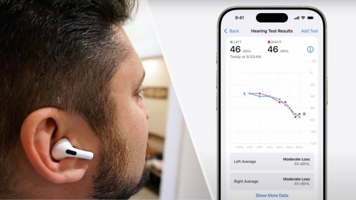 AirPods Pro model with the hearing test UI on an iPhone