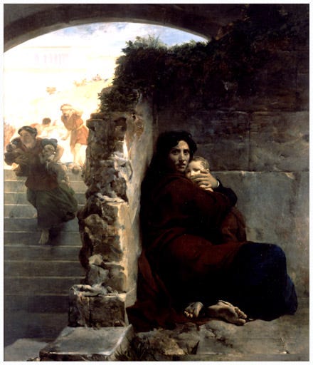 a woman hides behind a broken wall, shielding a baby in her arms as another woman carrying babies in both arms flees a soldier in this painting depicting the Massacre of the Innocents 