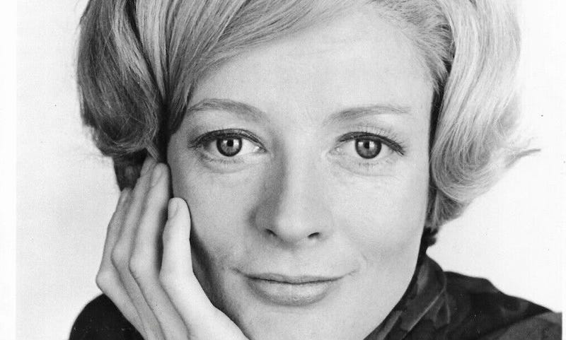 B&W photo of Maggie Smith head shot cropped via Wikimedia Commons