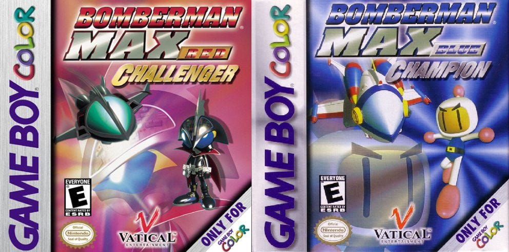 A side-by-side of the Bomberman Max: Red Challenger box art (featuring Max in profile and as a smaller character) and Bomberman Max: Blue Champion (with Bomberman's profile, and a smaller character). Red Challenger's background has a red tint and red "Bomberman" logo, while Blue Champion has blue for both.