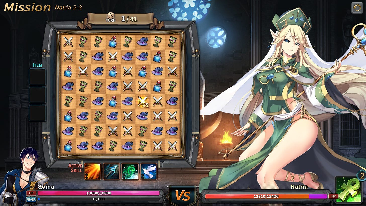 Match-3 grid on the left; elven priestess on the right