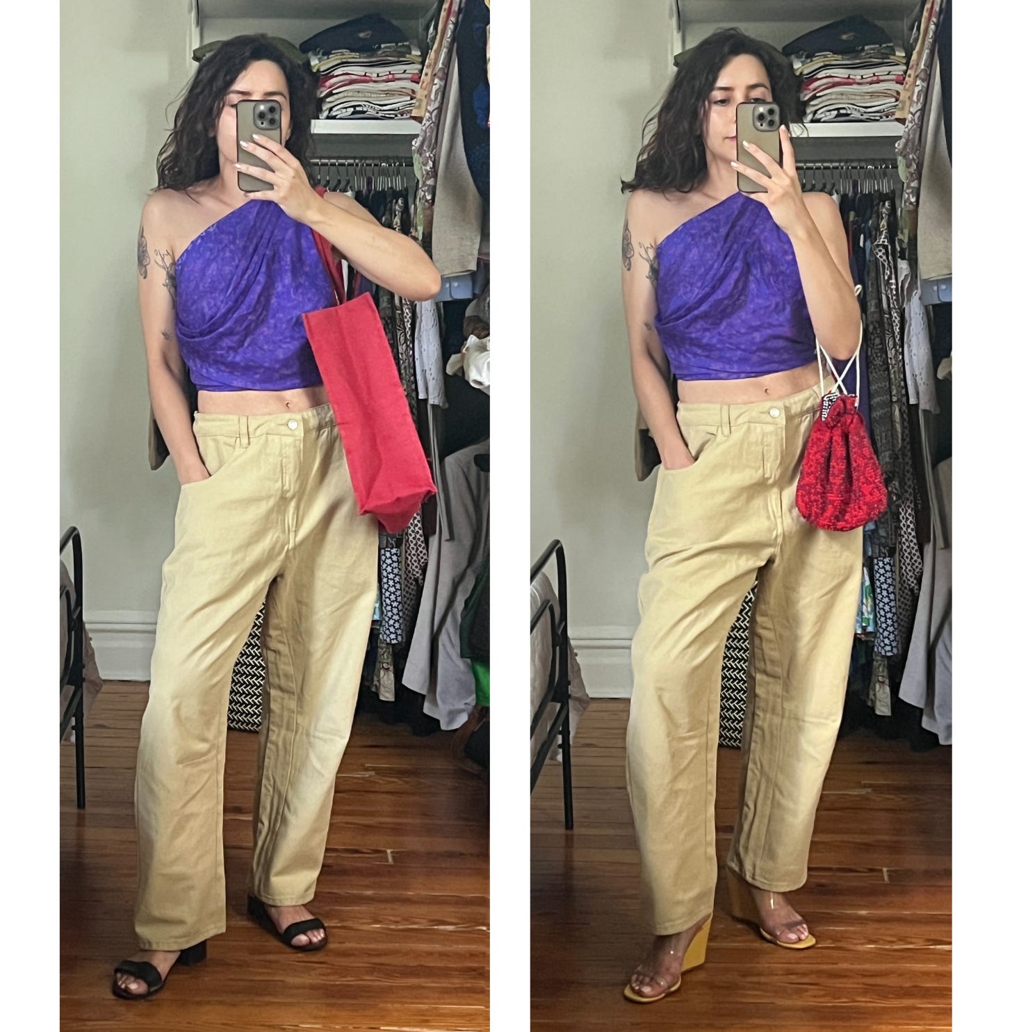 Two images side by side. A brown-haired person taking a mirror selfie and wearing the following, Left: a purple speckled silk scarf draped across the body and tied at the right shoulder, slouchy and oversized beige jeans, a red canvas tote, and black sandals. Right: the same scarf and jeans, but with a red beaded pouch slung in their arm and yellow wedge heeled sandals with lucite uppers.